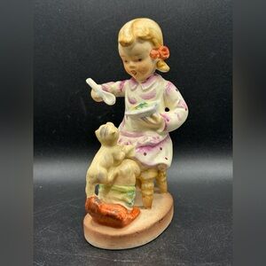 Vintage Royal Japan Feeding Time Hand Painted Ceramic Girl Feeding Kitten Figure